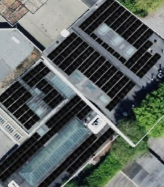 Luftbild der geplanten Gewerbeanlage in Wülfrath mit 378 kWp Photovoltaik auf mehreren Hallendächern