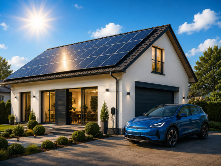 Einfamilienhaus mit Photovoltaik auf dem Satteldach und Elektroauto an der Wallbox