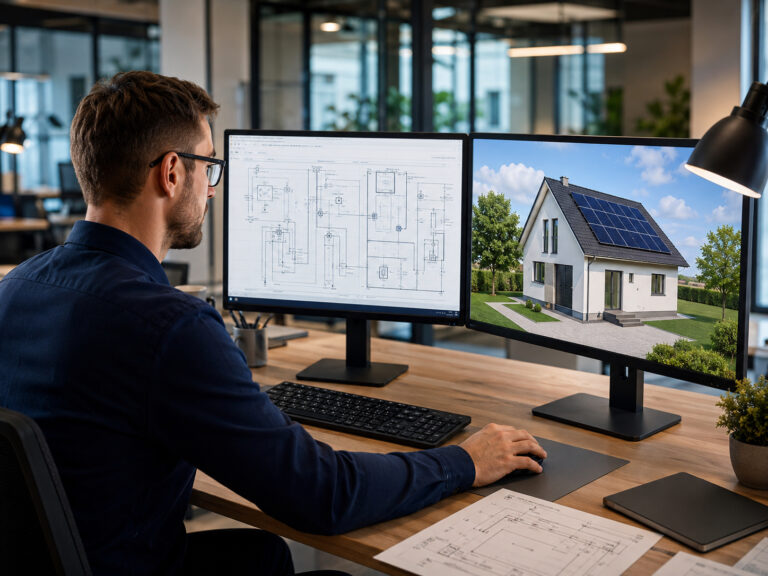 Planung einer Photovoltaik-Anlage: 3D-Modell eines Wohnhauses und Elektro-Schema am Bildschirm